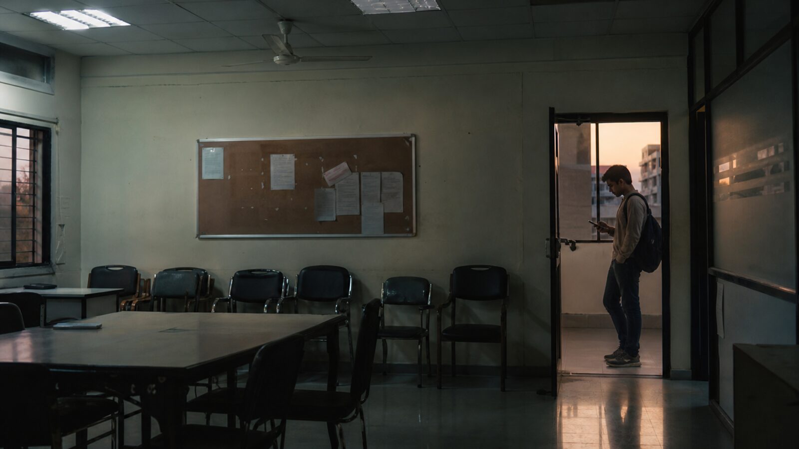 A student standing alone in an empty campus corridor after hours, looking at a phone.