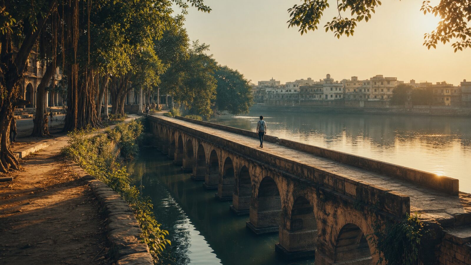 A stone footbridge at golden hour connecting a small campus to a distant city.
